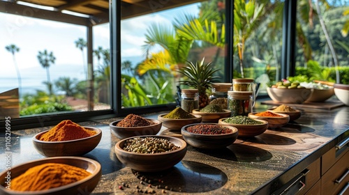 A vibrant display of spice bowls on a kitchen counter with a beautiful view, presented with a few palm trees 