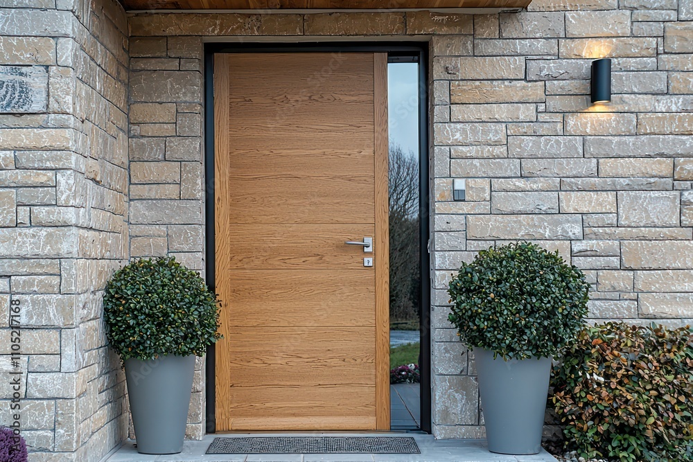 A polished wooden door against neutral stone walls creates a sleek and understated entryway.