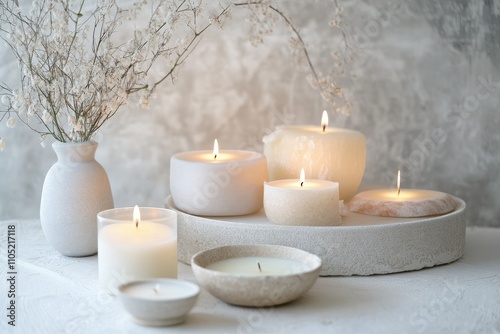 Elegant arrangement of lit candles on a white background creating a warm and soothing