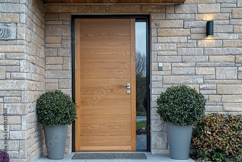 Obraz na płótnie A polished wooden door against neutral stone walls creates a sleek and understated entryway. w salonie