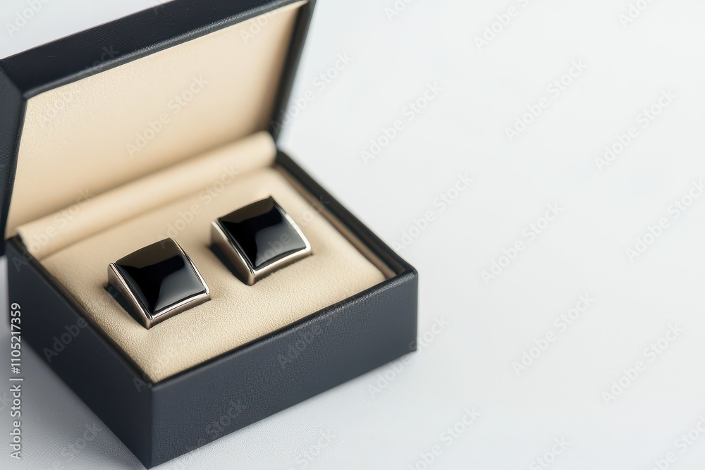 Elegant black cufflinks in a luxury box Isolated on a white background for formal occasions and gifting