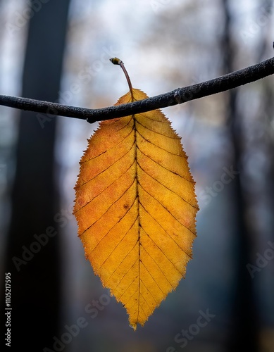Autumnal yellow birch leaf on a branch in the forest