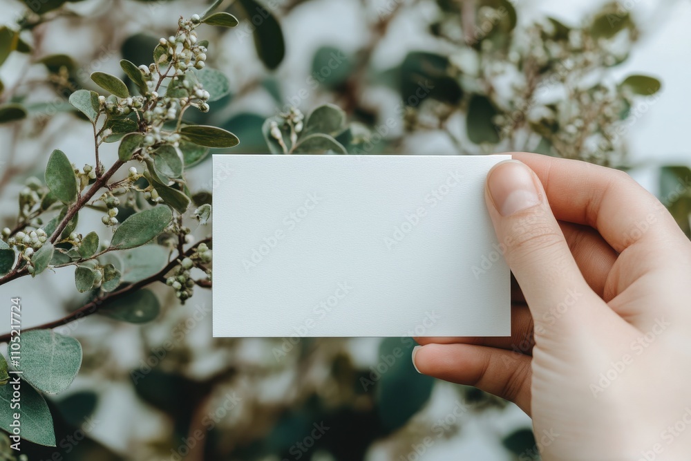 Elegant hand holding a blank rectangular card with a white background for marketing Elegant hand holding a blank rectangular card with a white background for marketing