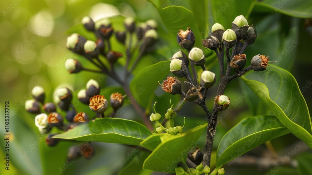 The image shows close-up clove buds on a plant, featuring green and brown cloves with surrounding glossy leaves and a blurred white flower in the background. The image shows close-up clove buds on a plant, featuring green and brown cloves with surrounding glossy leaves and a blurred white flower in the background.