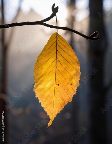 Autumnal yellow birch leaf on a branch in the forest