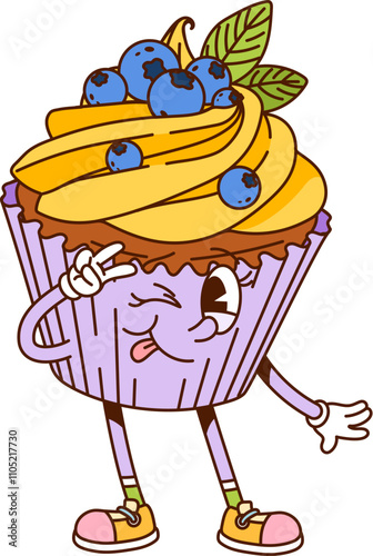 Cartoon groovy cupcake fast food character. Isolated vector blueberry muffin retro personage exudes funky hippie vibes, flaunting a peace gesture, blending sweetness and charm with touch of nostalgiaV