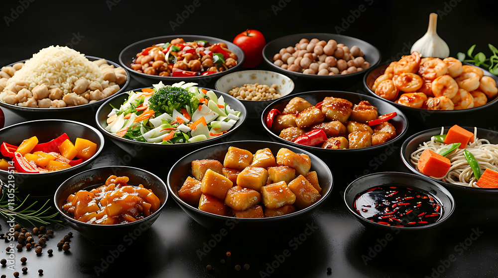 A sorted Chinese food isolated on black background. A sorted Chinese food isolated on black background.