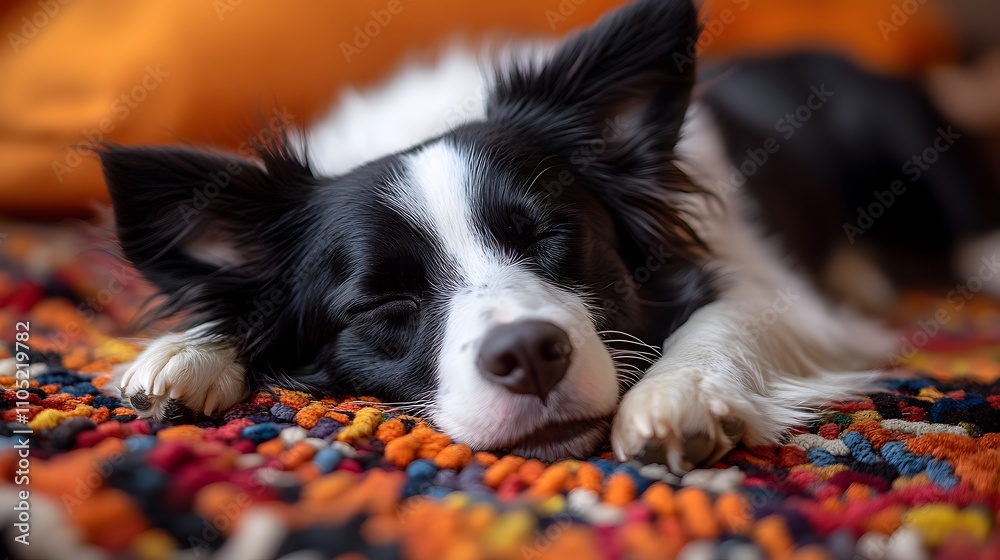 Close up of an adorable black and white border collie puppy sleeping peacefully and cozily curled up on a plaid blanket in a cozy living room setting