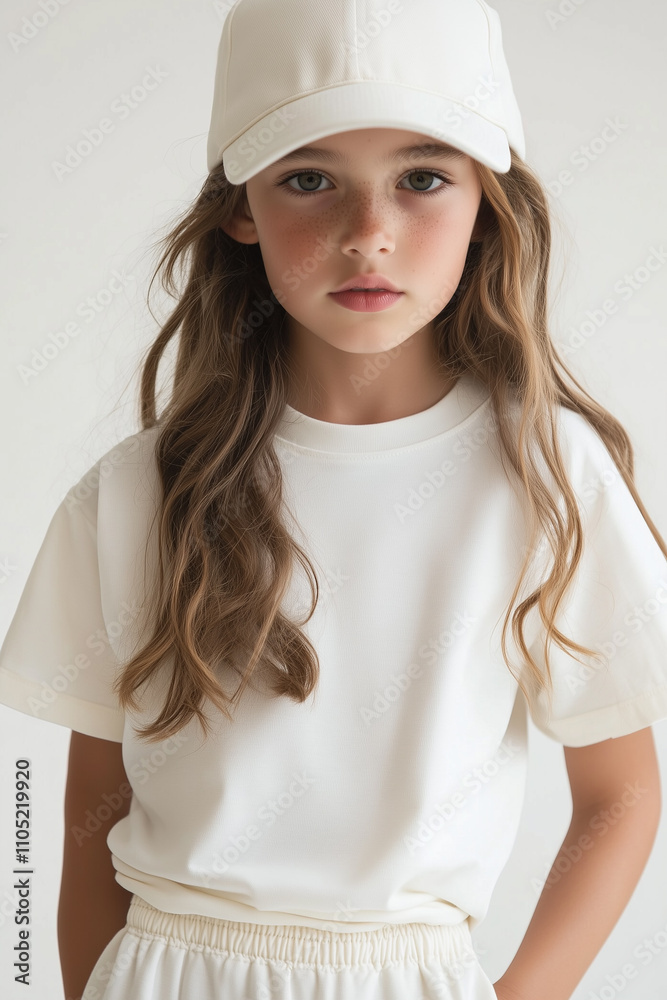 Little girl wearing a white T-shirt, providing a versatile mockup space for logo placement or brand designs. Little girl wearing a white T-shirt, providing a versatile mockup space for logo placement or brand designs.
