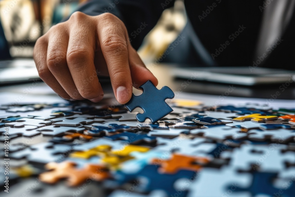 Close-up of Hand Placing Puzzle Piece Close-up of Hand Placing Puzzle Piece