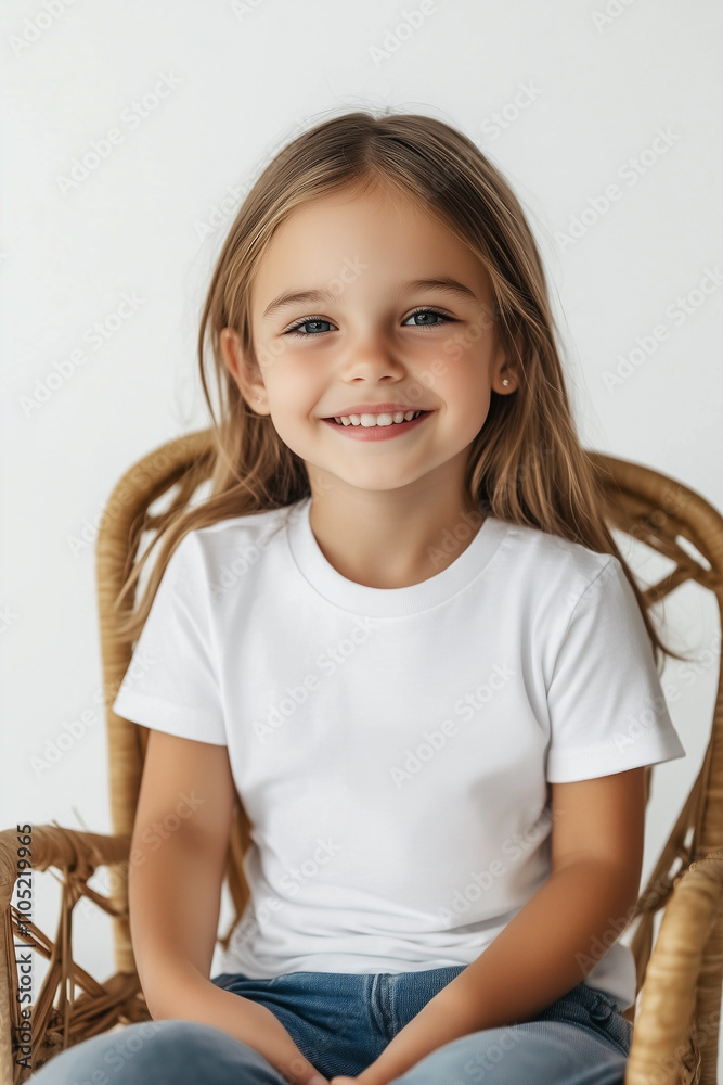 White T-shirt mockup on a cheerful little girl, ideal for presenting brand logos or custom designs. White T-shirt mockup on a cheerful little girl, ideal for presenting brand logos or custom designs.