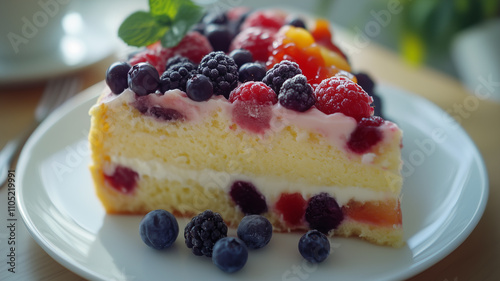 A slice of homemade cake bursts with the vibrant colors of summer berries, promising a burst of flavor in every bite. photo