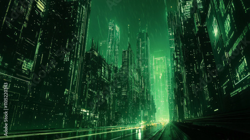 Futuristic cityscape with glowing lights and ambient cyberpunk vibe AI generative photo