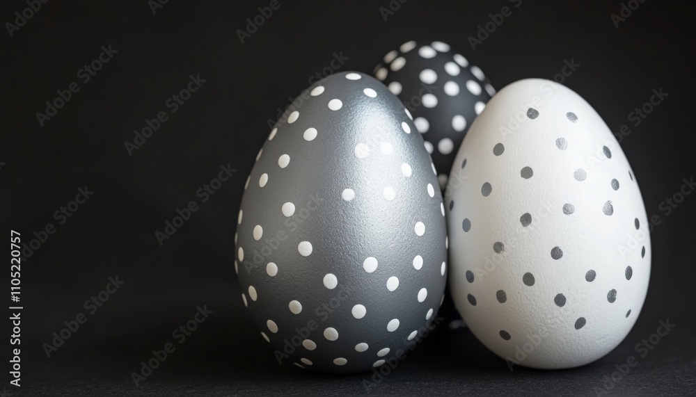 Easter Eggs, Silver and White with Polka Dots, Minimalistic Black Background, Holiday Decoration Easter Eggs, Silver and White with Polka Dots, Minimalistic Black Background, Holiday Decoration