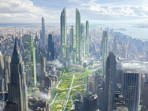 Sprawling futuristic campus above NYC with towers and greenery AI generative photo