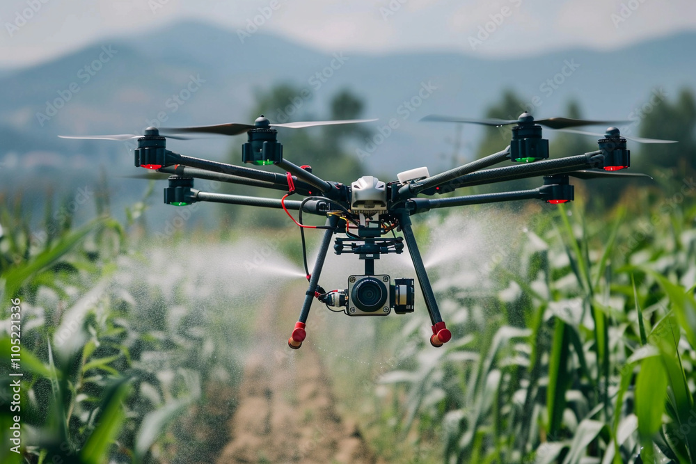 Drone flying in sky over beautiful nature during observation from top Drone flying in sky over beautiful nature during observation from top