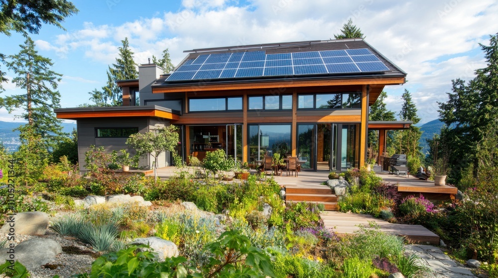 Modern eco-friendly home with rooftop solar panels, Modern eco-friendly home with rooftop solar panels,