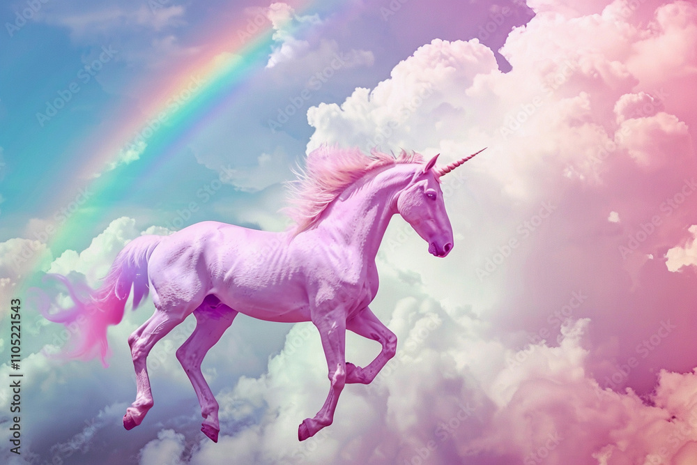 Fototapeta premium Fantastically mythological pink unicorn with big long horn