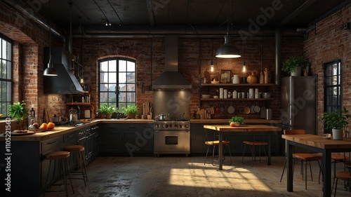 Industrial-style kitchen with exposed brick walls