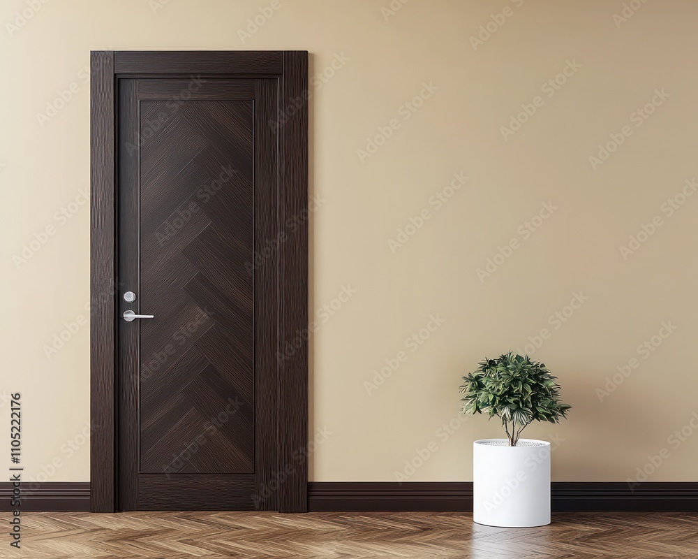 Contemporary oak herringbone door, light tan walls, walnut trim, and a white plant pot.