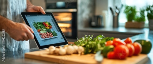 Wallpaper Mural Man Using Tablet for Cooking Inspiration in Kitchen Torontodigital.ca