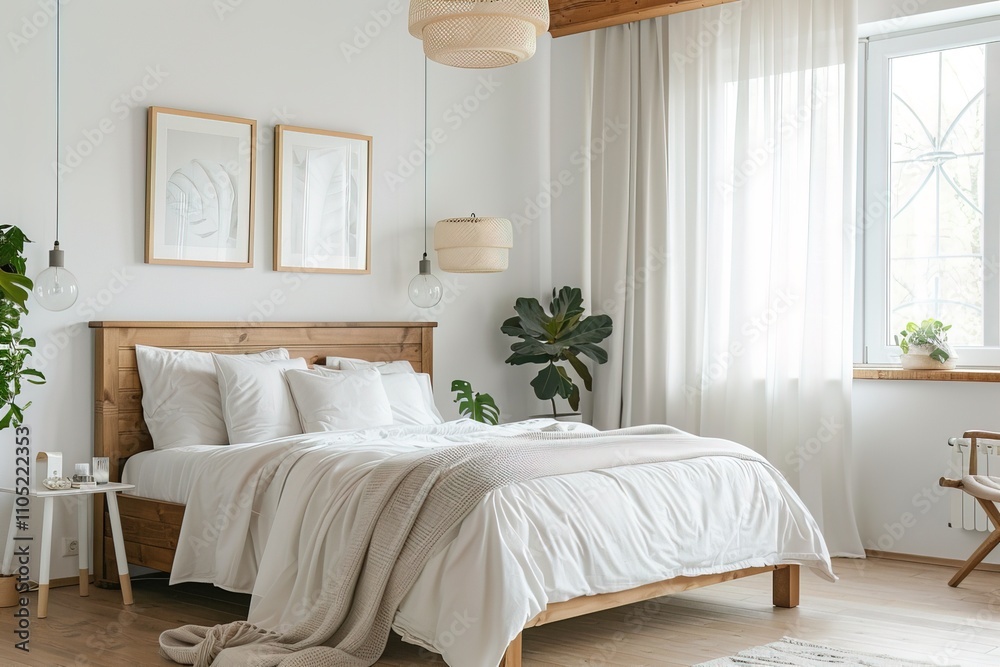 Fototapeta premium modern stylish minimalist bedroom interior with wooden bed and picture frame on the wall