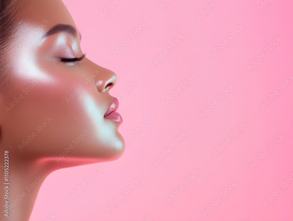 Beauty portrait of a woman studio photography soft lighting side view radiant skin glow for personal care and makeup enthusiasts Beauty portrait of a woman studio photography soft lighting side view radiant skin glow for personal care and makeup enthusiasts