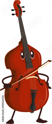 Cartoon funny contrabass, double bass character with expressive face and bow in hand. Isolated vector musical string instrument personage with smiling face playing classic music on philharmonic stage