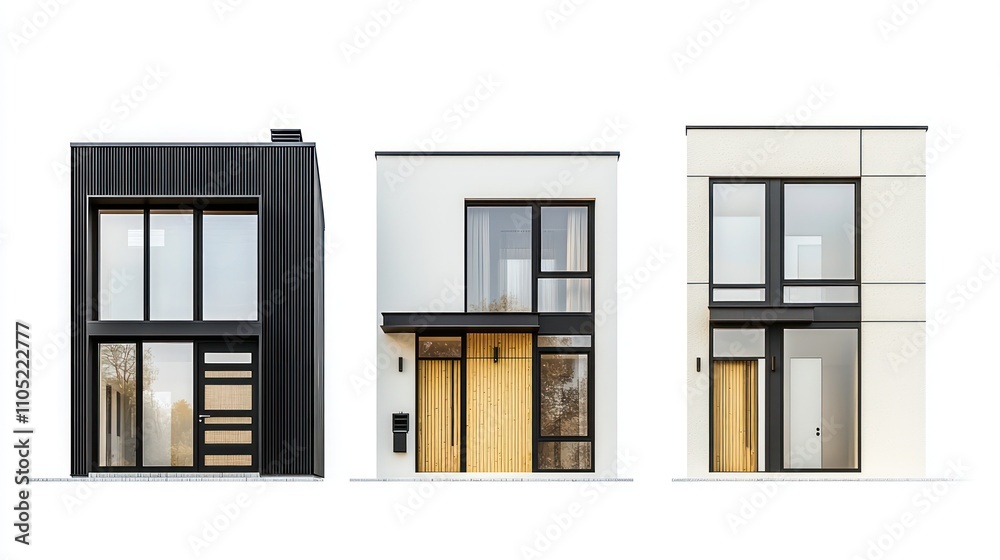 Three modern homes with unique facades: black metal, oak, and ivory stucco. Three modern homes with unique facades: black metal, oak, and ivory stucco.