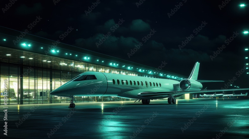 Night view of a modern airport with a parked airplane illuminated Night view of a modern airport with a parked airplane illuminated