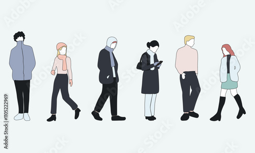 flat minimal people male and female vector illustration in winter clothing with outline concept isolated set collection. For architecture rendering, graphic design, info graphic, media