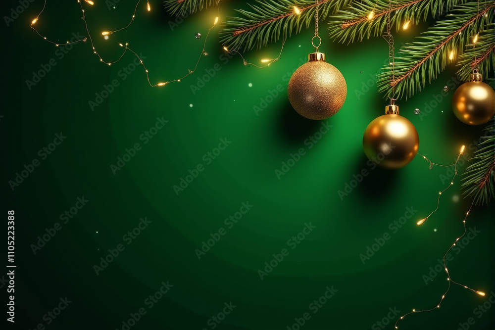 Naklejka premium A festive Christmas background with a deep green backdrop adorned with a branch of pine needles, colorful ornaments, and twinkling fairy lights.