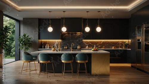 Luxury kitchen with gold accents, dark cabinetry
