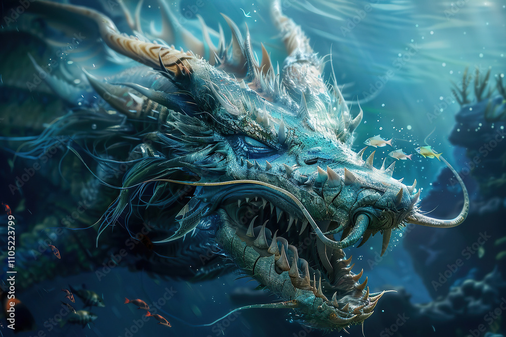 Terrifying scary sea monster in dark depths of deep ocean Terrifying scary sea monster in dark depths of deep ocean
