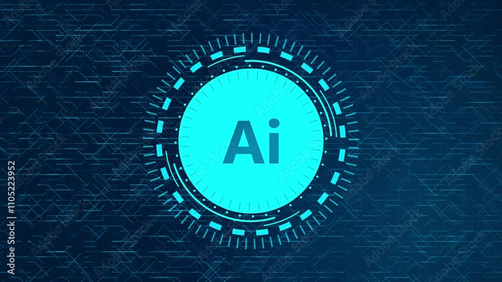 Futuristic AI Concept with Rotating HUD Elements and Circuitry Design