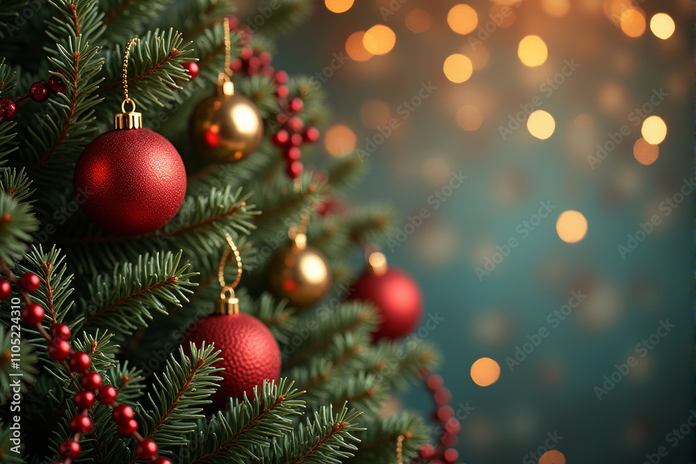 A festive Christmas scene with a wooden table adorned with a garland of pine branches, red bows, pine cones, and fairy lights against a warm, bokeh background. A festive Christmas scene with a wooden table adorned with a garland of pine branches, red bows, pine cones, and fairy lights against a warm, bokeh background.