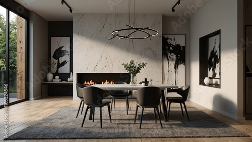 Minimalist dining area with a sleek white table