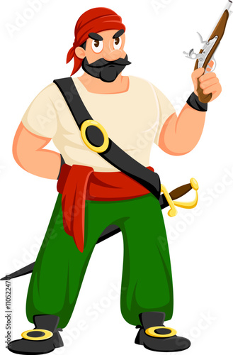 Cartoon pirate, filibuster bandit funny character. Caribbean pirate boatswain childish isolated vector personage, filibuster bandit happy mascot or corsair captain character armed wit sabre and pistol