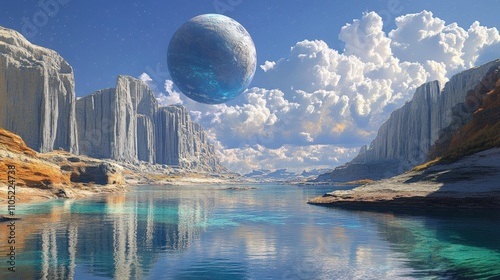 A stunning landscape featuring a serene lake, majestic cliffs, and a giant planet looming in the vibrant sky. photo