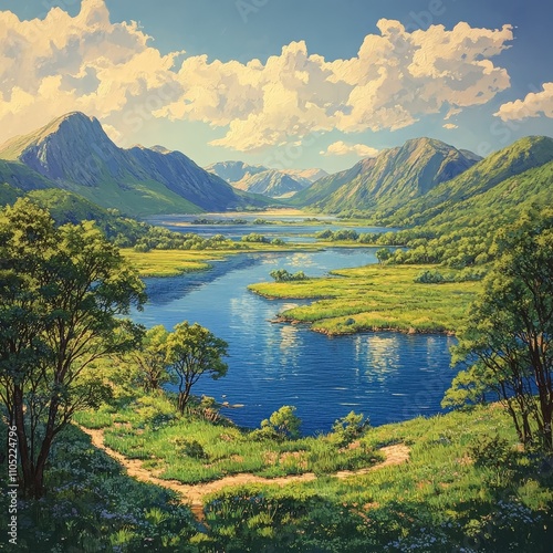 A stunning landscape featuring mountains, a serene river, and lush greenery under a blue sky with fluffy clouds.