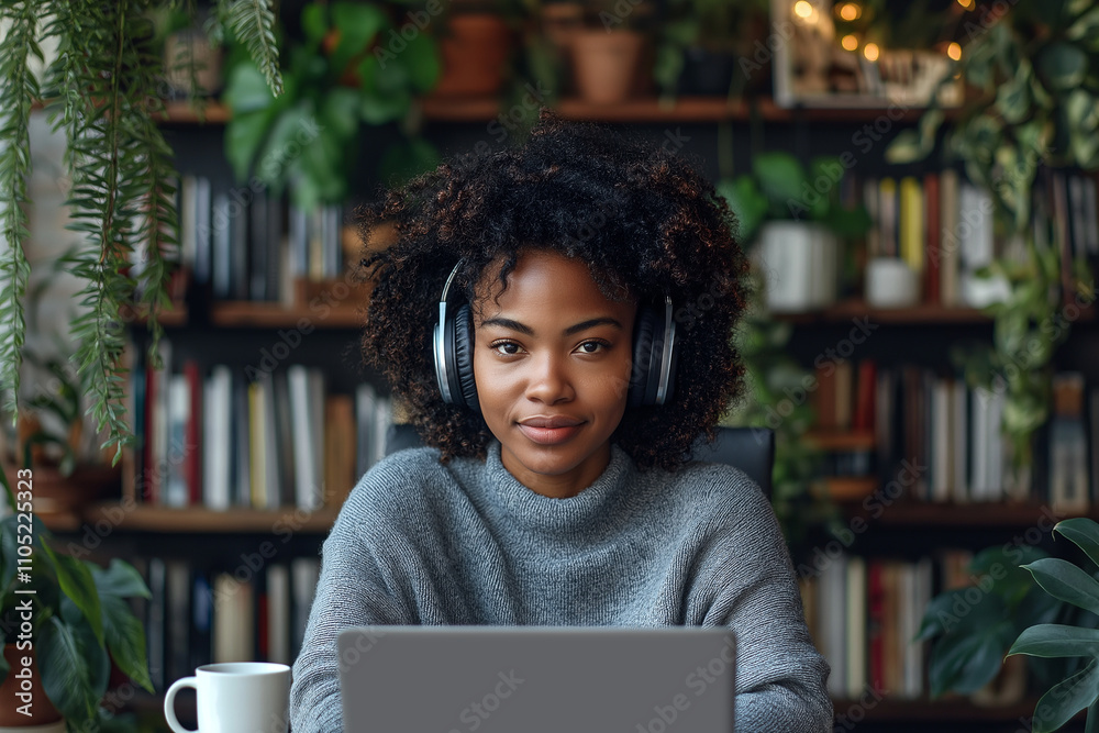 Work from home, Focused Professional in Cozy Home Workspace with Headphones, with Laptop Work from home, Focused Professional in Cozy Home Workspace with Headphones, with Laptop