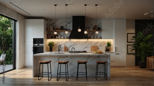Luxury kitchen with gold accents, dark cabinetry
