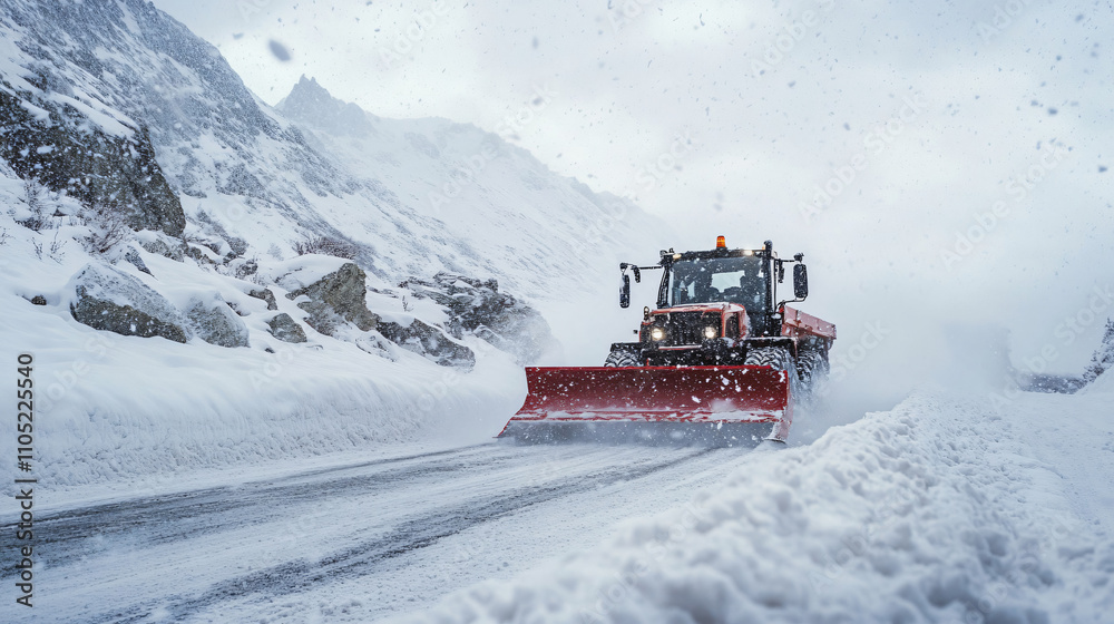 A robotic snowplow controlled remotely, clearing roads in a mountain region during a heavy snowstorm, with snow accumulating rapidly on surrounding terrain. A robotic snowplow controlled remotely, clearing roads in a mountain region during a heavy snowstorm, with snow accumulating rapidly on surrounding terrain.