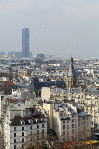 Panoramic view of Paris with Montparnasse Tower in the distance and historic rooftops in the foreground. A stunning contrast of modernity and traditional Parisian architectural charm