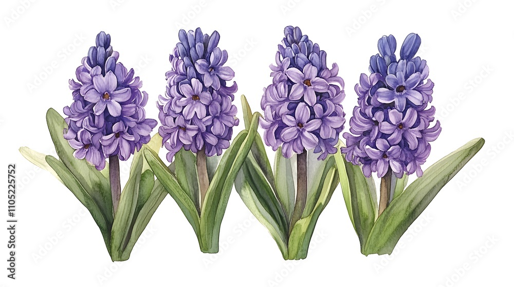 Fototapeta premium Watercolor, purple hyacinth clipart, detailed, high in detail, white background