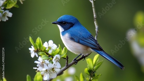 Vivid blue bird perched on blossoming branch.