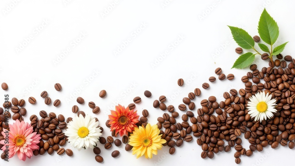 Fototapeta premium Coffee beans and delicate flowers arranged in a symmetrical pattern on a clean white background with ample copy space