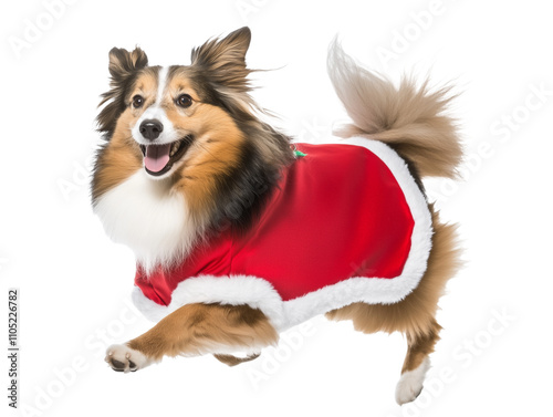 Full body shot of Shetland Sheepdog, running happily, smiling. Wearing Christmas costume. photo