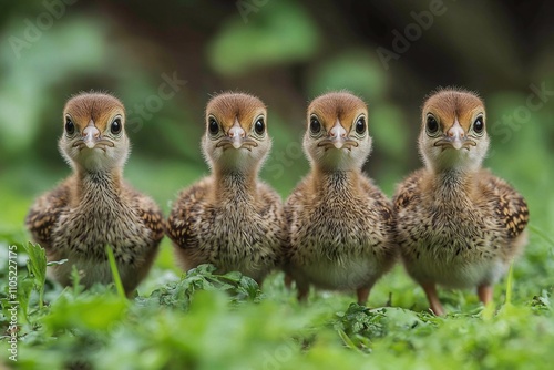 Little turkey poults, with fluffy yellowish or gray feathers, stand on the soft green grass. They cautiously look around, their little bodies full of movement and curiosity. photo