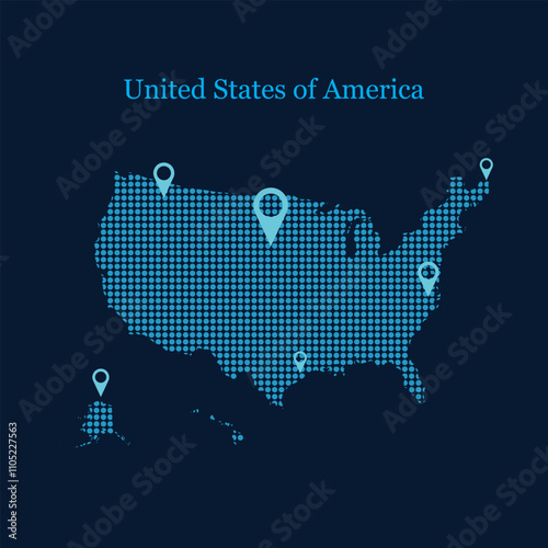 USA Map, Digital Dotted World Map with Location Markers on Dark Background